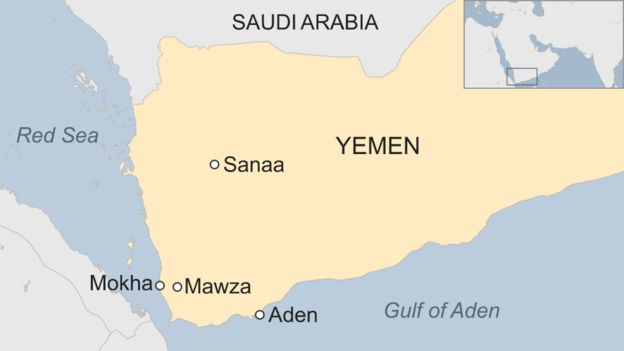 Map of Yemen showing location of Mawza, Mocha, Sana’a and Aden. Credit:http://www.bbc.com/news/world-middle-east-40655127