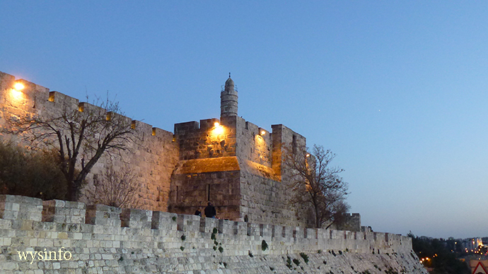 Tower of David seen from the Crossing between Mamilla Promenade and Jaffa Gate of Old City of Jerusalem