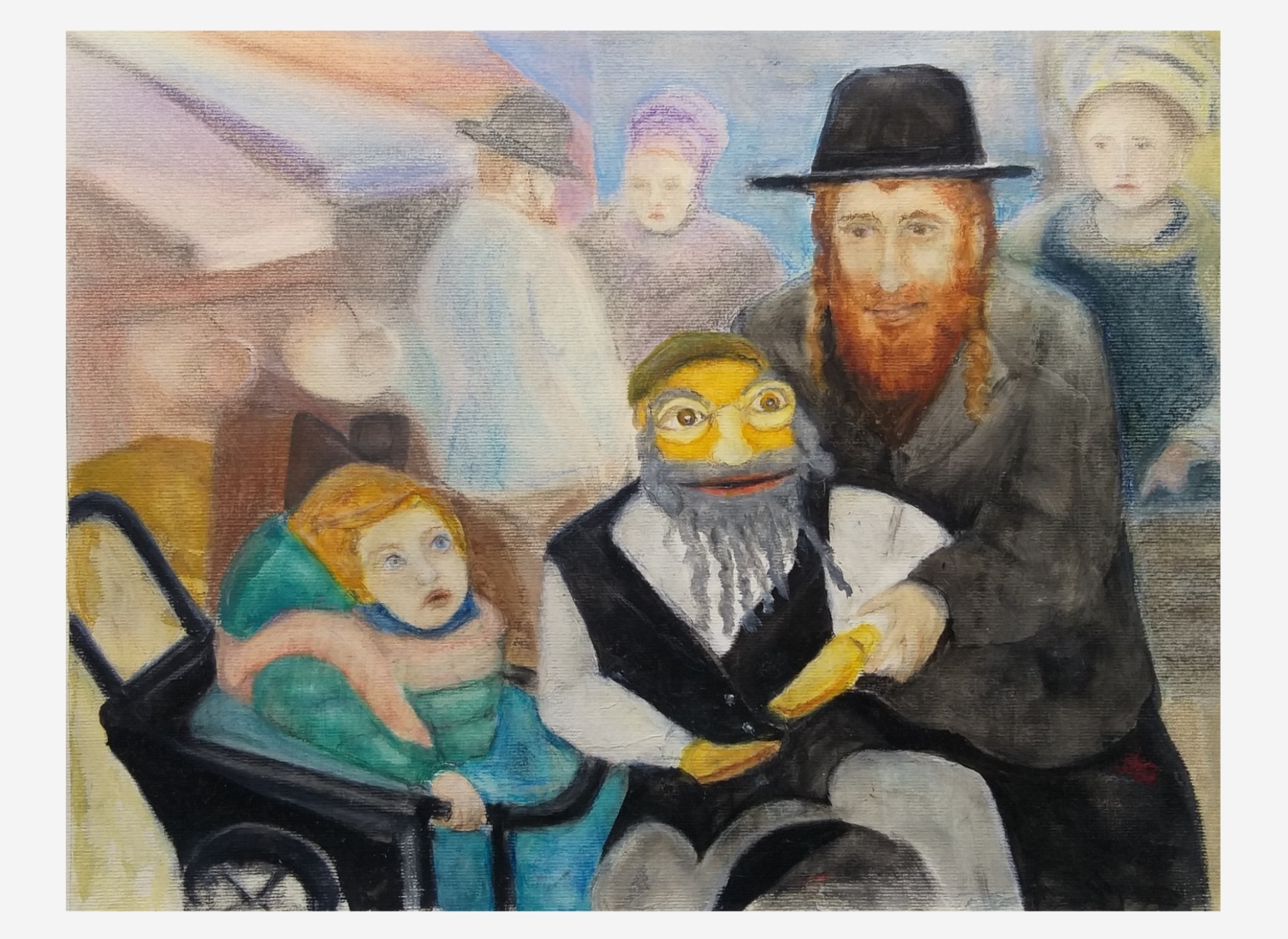 Puppeteer in Jerusalem Market - Oil Pastel and Pastel