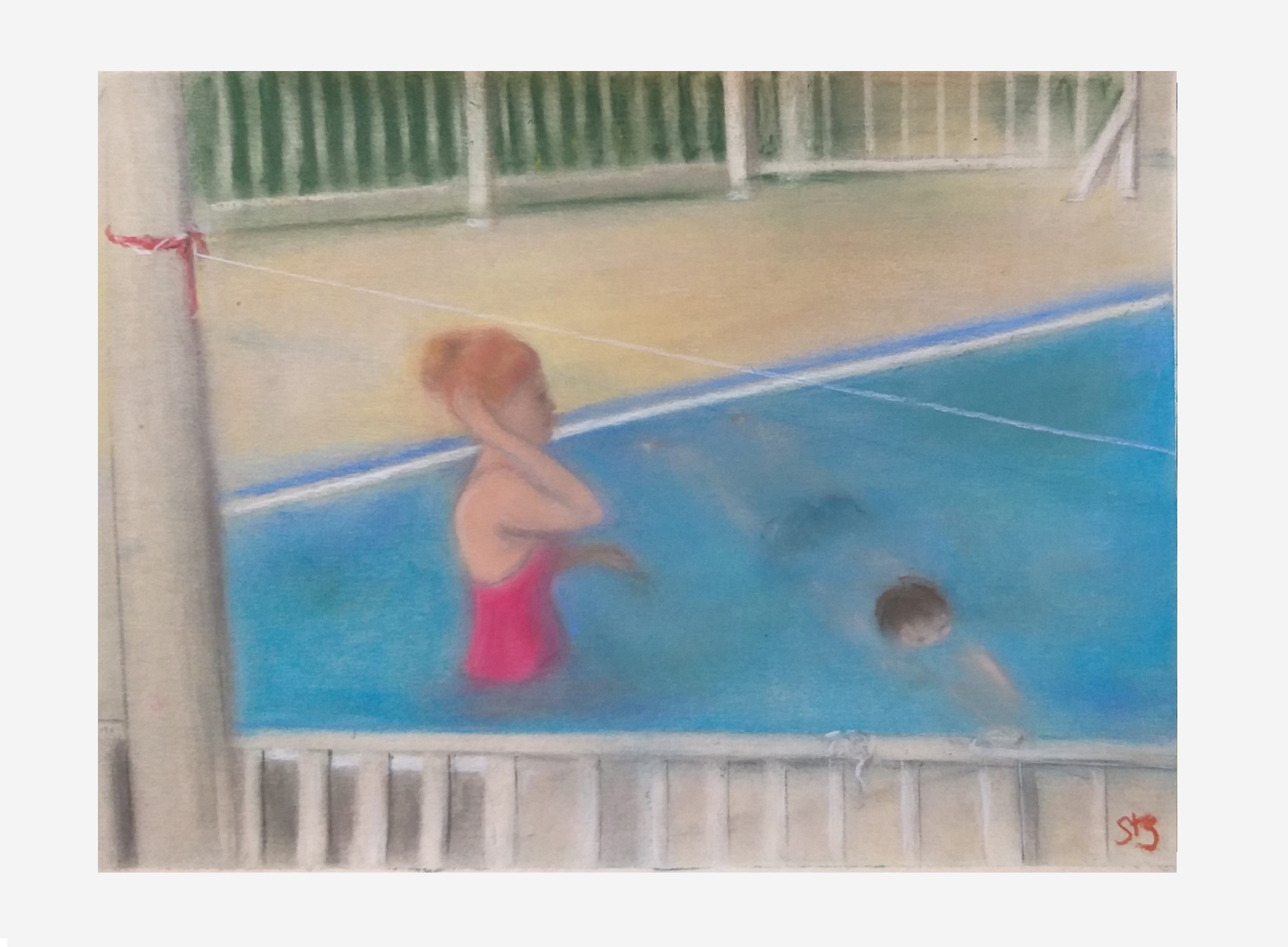 Redhead in Pool with Young Boy